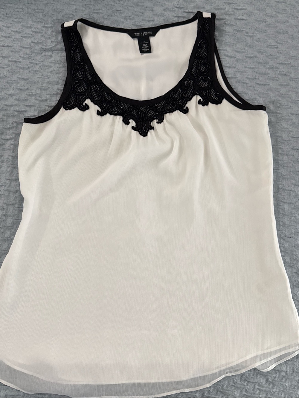 White House Black Market White Sleeveless Shell with Black Lace Trim